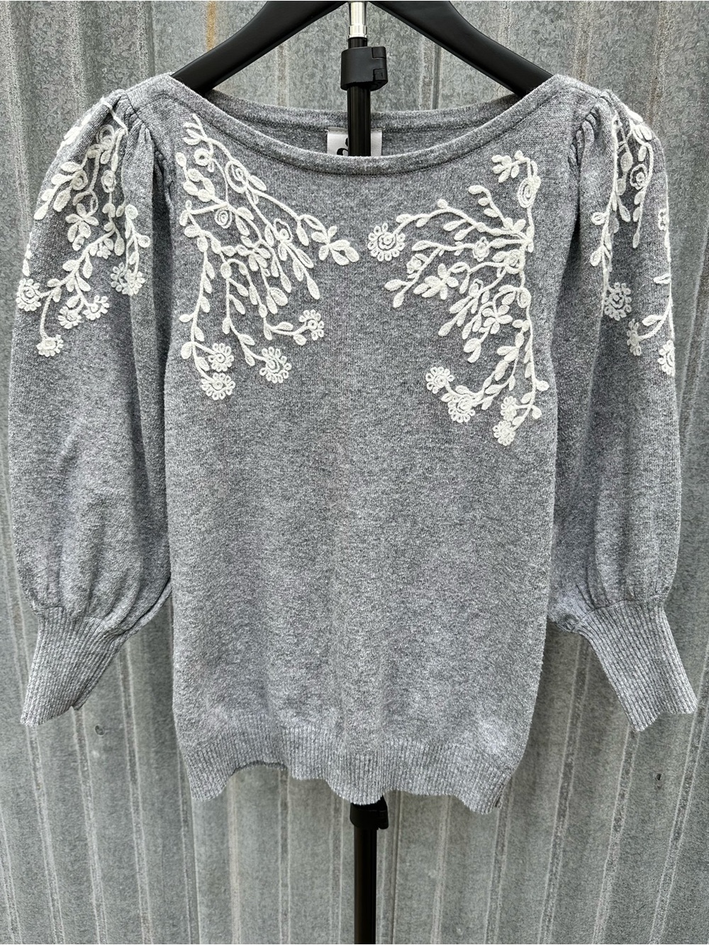 Gray Embroidered Crewneck Sweater with Puff Sleeves